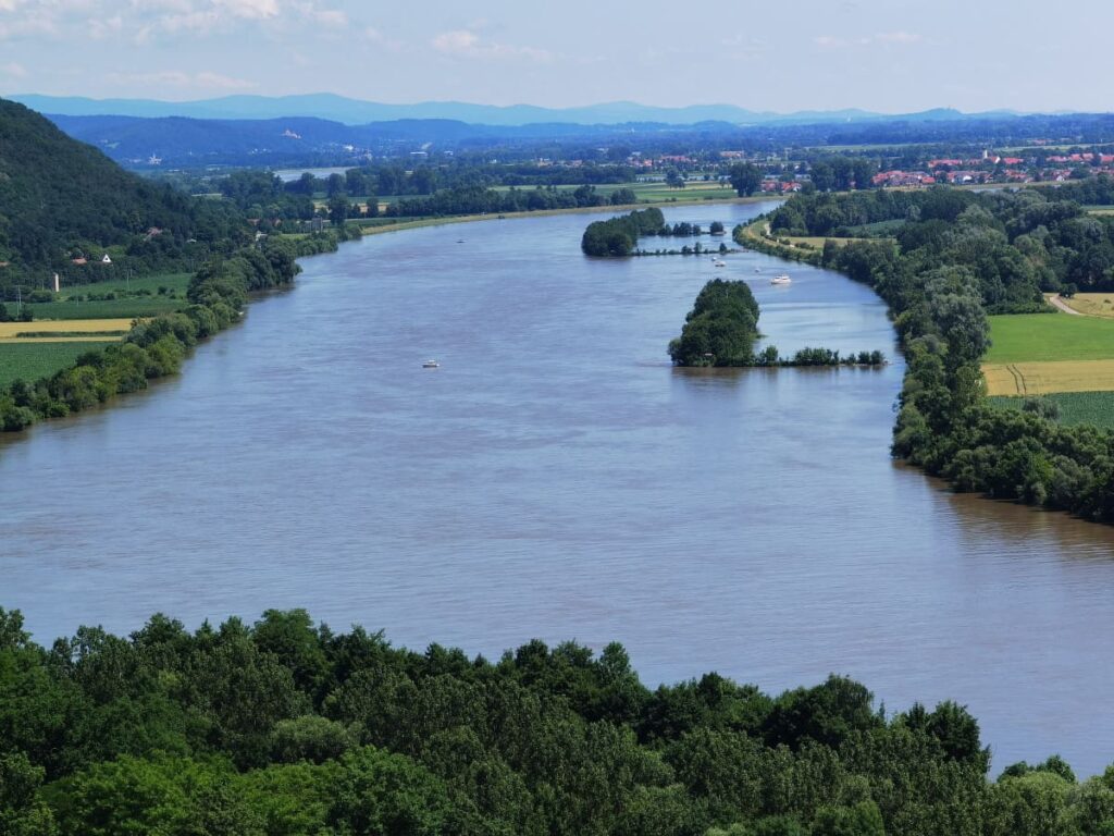 Ausblick von der Burgruine Donaustauf auf die Donau, hinten der Bayerische Wald